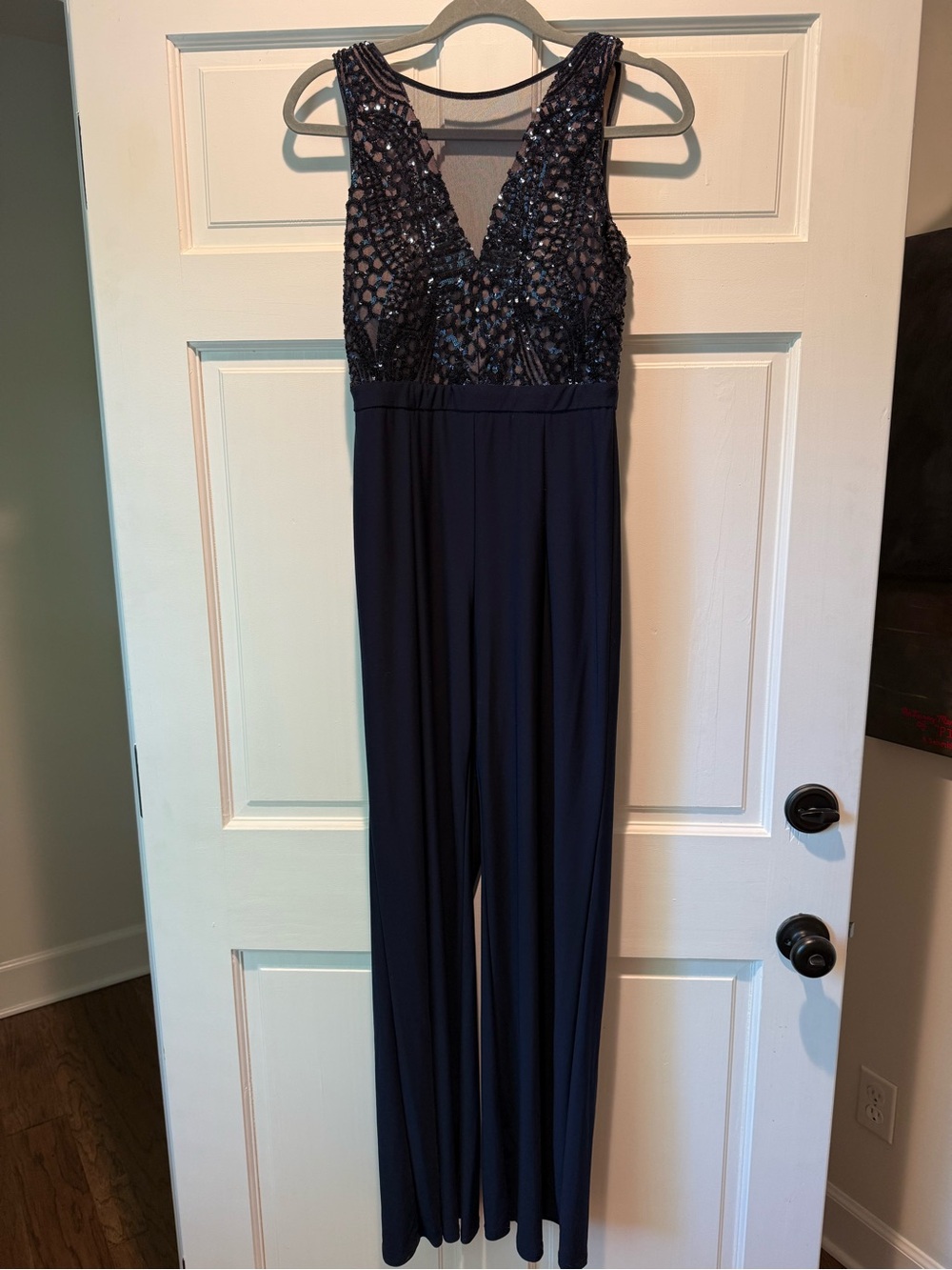 Night Way Collections Navy Blue Sequin V-Neck Jumpsuit